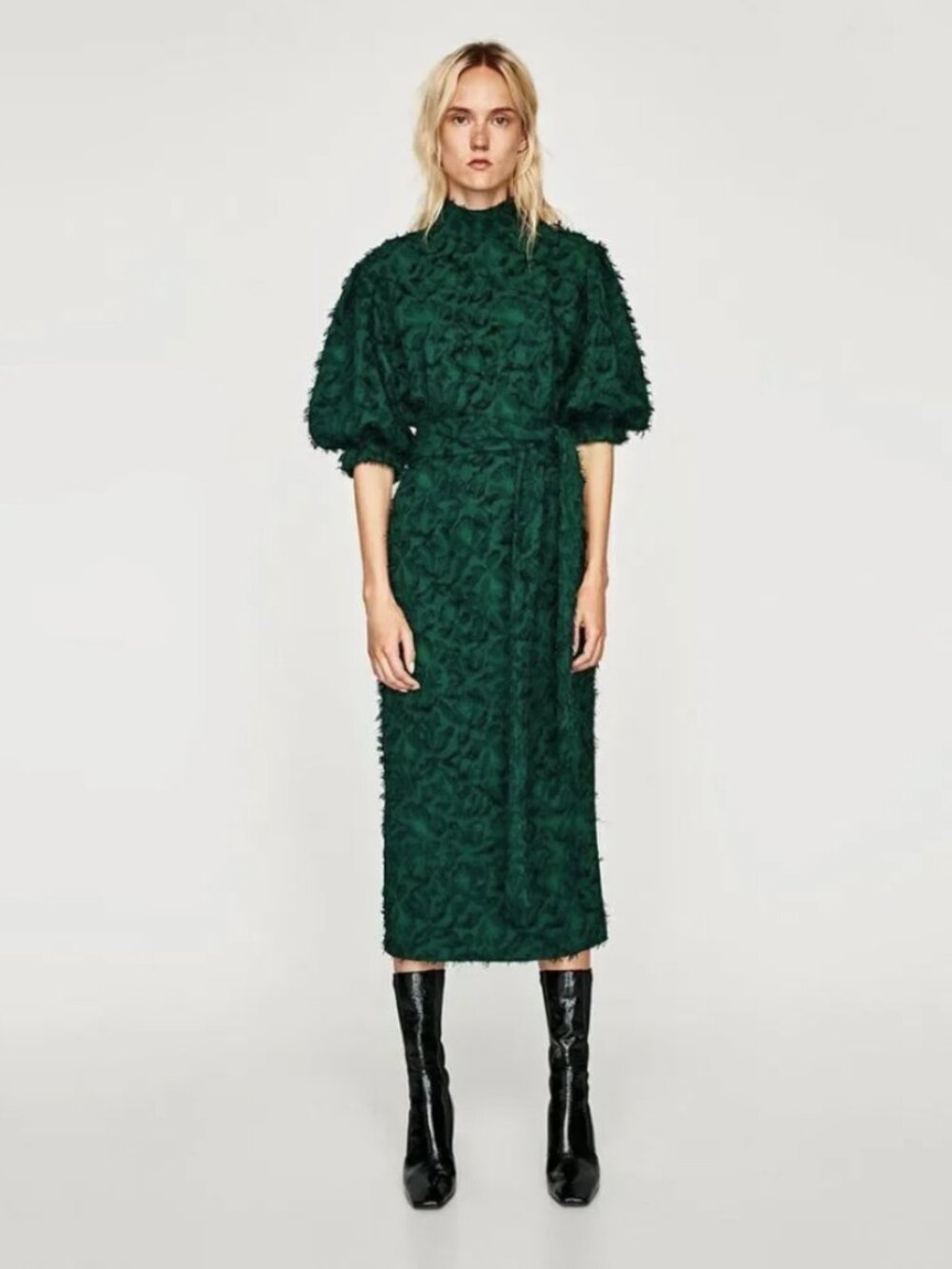 Zara Emerald Green Textured Dress Blogger Favorite